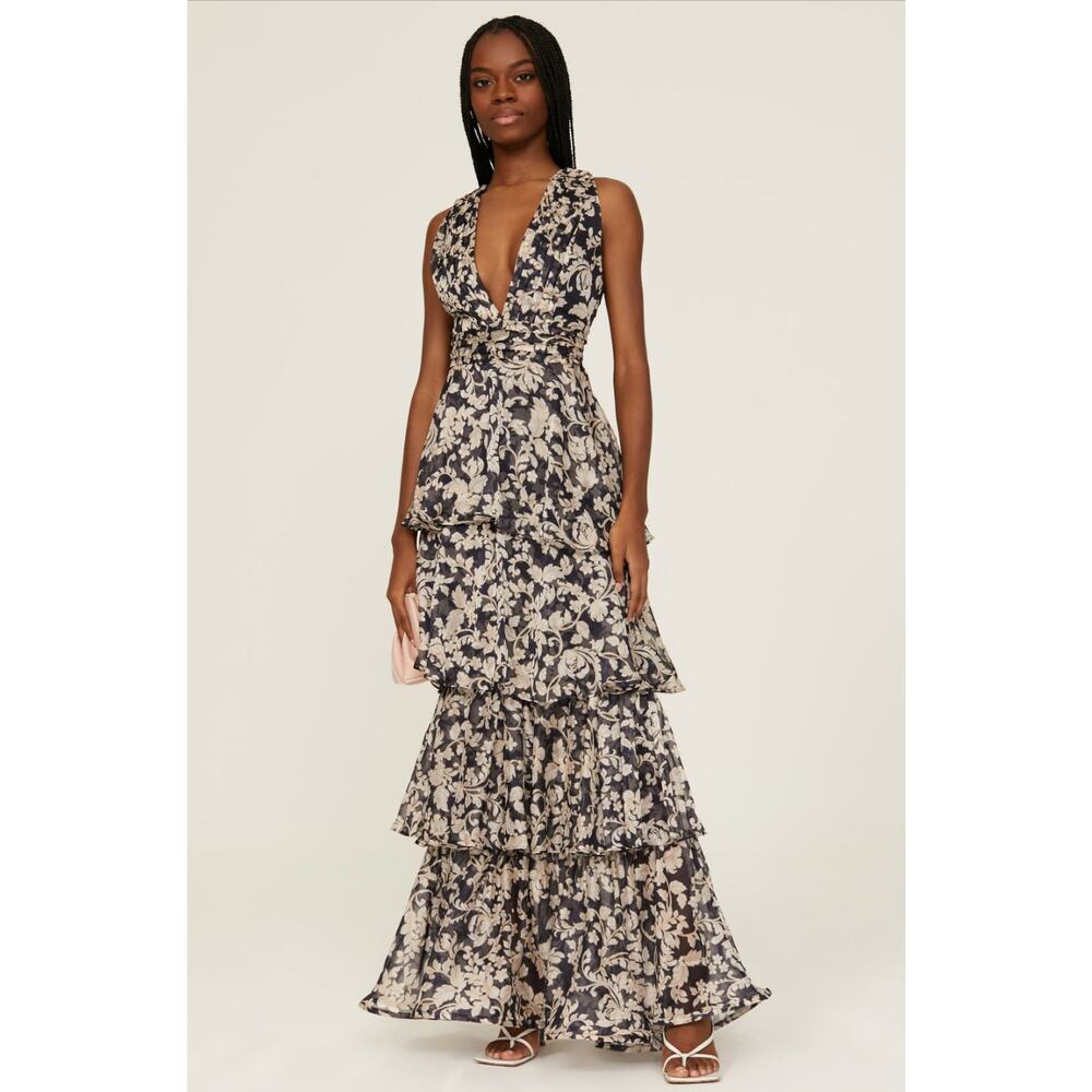 Especia Navy Cream Floral Print V-Neck Tiered Ruffle Maxi Dress Wedding Guest M